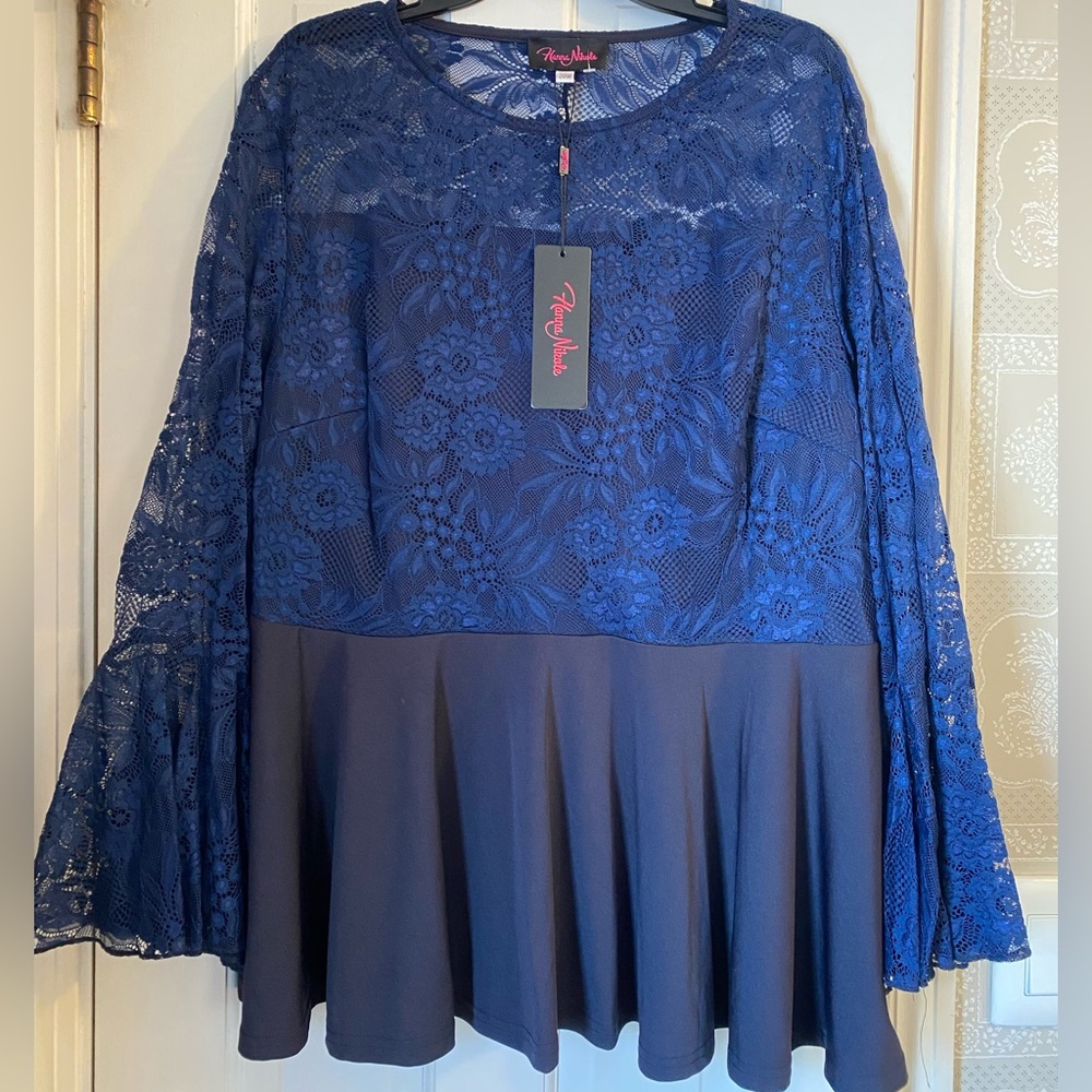 Hanna Nikole Navy Blue Lace Peplum Blouse